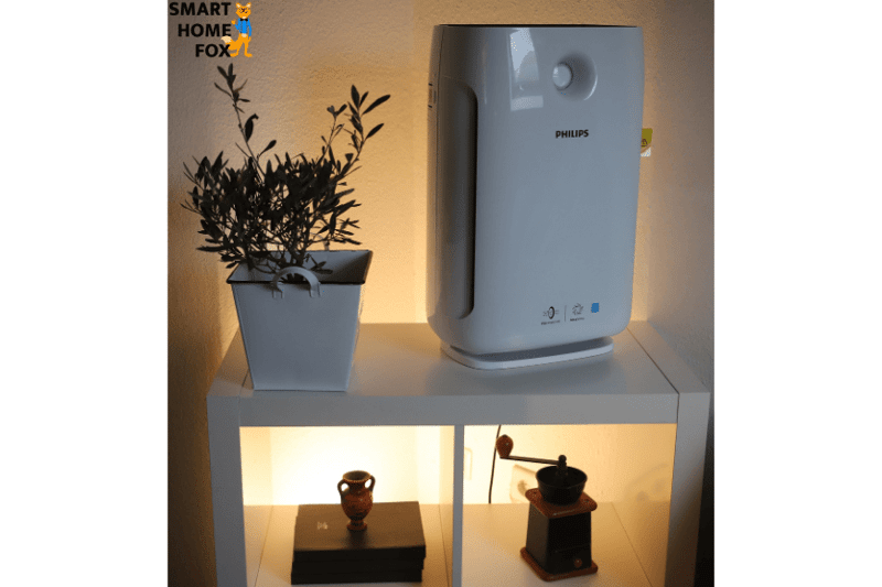 Der Luftreiniger steht auf einem Regal neben einer Pflanze